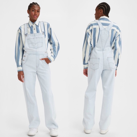Levi’s Silvertab Bib Baggy Straight Leg Light Blue Wash Overalls - Picture 7 of 13